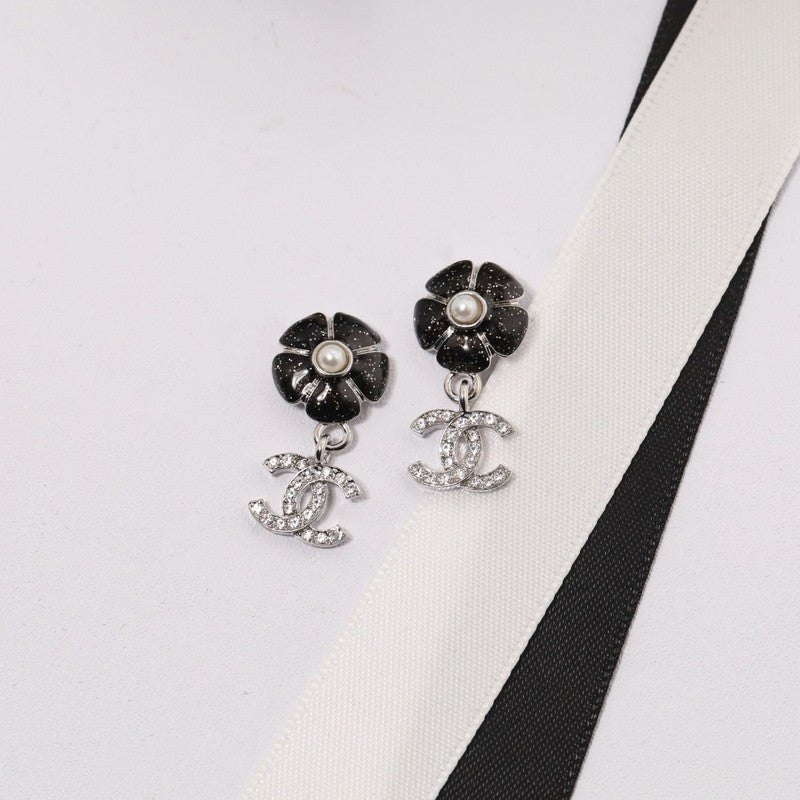 18K  Chanel Black & Pink Camellia Diamond Earrings