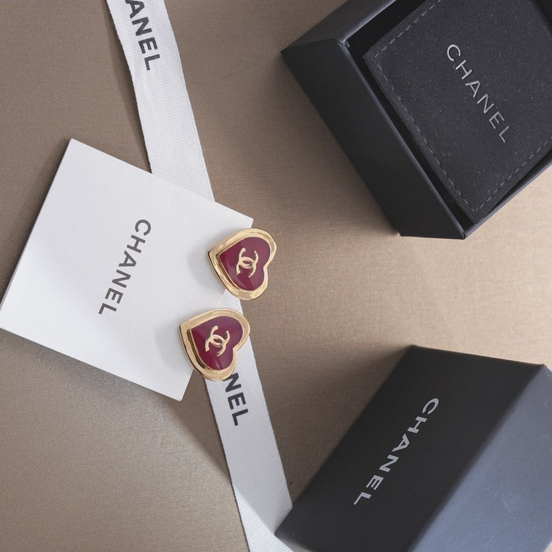 18K  Chanel Black & Red Heart Earrings