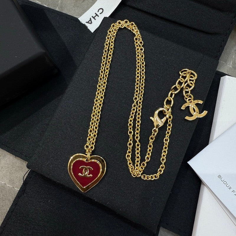 18K  Chanel Black & Red Heart Gold Necklace