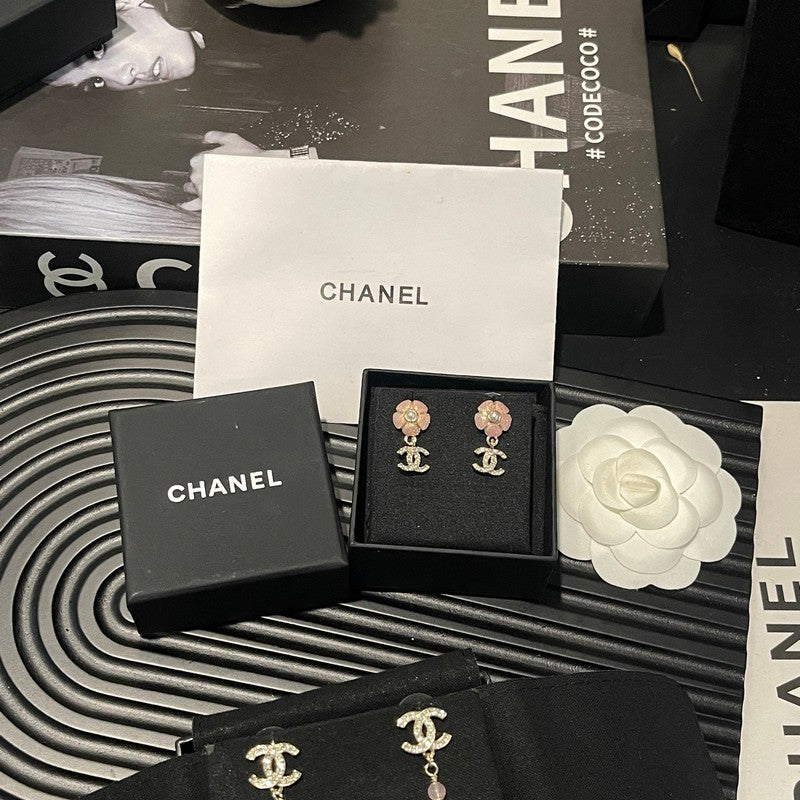 18K  Chanel 26C Pink Camellia Diamond Earrings